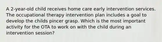 A 2-year-old child receives home care early intervention services. The occupational therapy intervention plan includes a goal to develop the childs pincer grasp. Which is the most important activity for the OTA to work on with the child during an intervention session?