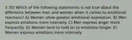 3 35) Which of the following statements is not true about the difference between men and women when it comes to emotional reactions? A) Women show greater emotional expression. B) Men express emotions more intensely. C) Men express anger more frequently. D) Women tend to hold on to emotions longer. E) Women express emotions more intensely.