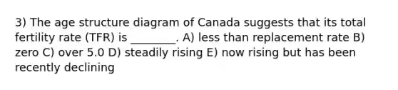 3) The age structure diagram of Canada suggests that its total fertility rate (TFR) is ________. A) <a href='https://www.questionai.com/knowledge/k7BtlYpAMX-less-than' class='anchor-knowledge'>less than</a> replacement rate B) zero C) over 5.0 D) steadily rising E) now rising but has been recently declining