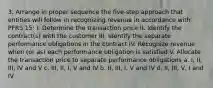 3. Arrange in proper sequence the five-step approach that entities will follow in recognizing revenue in accordance with PFRS 15: I. Determine the transaction price II. Identify the contract(s) with the customer III. Identify the separate performance obligations in the contract IV. Recognize revenue when (or as) each performance obligation is satisfied V. Allocate the transaction price to separate performance obligations a. I, II, III, IV and V c. III, II, I, V and IV b. II, III, I, V and IV d. II, III, V, I and IV