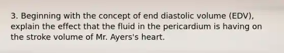 3. Beginning with the concept of end diastolic volume (EDV), explain the effect that the fluid in the pericardium is having on the stroke volume of Mr. Ayers's heart.