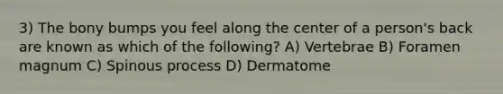 3) The bony bumps you feel along the center of a person's back are known as which of the following? A) Vertebrae B) Foramen magnum C) Spinous process D) Dermatome