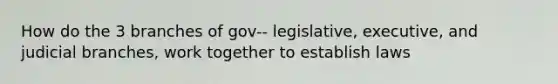 How do the 3 branches of gov-- legislative, executive, and judicial branches, work together to establish laws