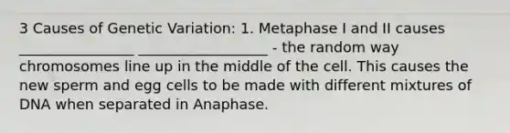 3 Causes of Genetic Variation: 1. Metaphase I and II causes ________________ __________________ - the random way chromosomes line up in the middle of the cell. This causes the new sperm and egg cells to be made with different mixtures of DNA when separated in Anaphase.