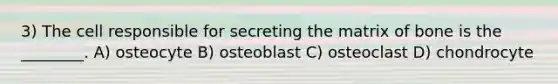 3) The cell responsible for secreting the matrix of bone is the ________. A) osteocyte B) osteoblast C) osteoclast D) chondrocyte