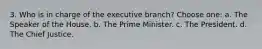 3. Who is in charge of the executive branch? Choose one: a. The Speaker of the House. b. The Prime Minister. c. The President. d. The Chief Justice.