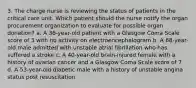 3. The charge nurse is reviewing the status of patients in the critical care unit. Which patient should the nurse notify the organ procurement organization to evaluate for possible organ donation? a. A 36-year-old patient with a Glasgow Coma Scale score of 3 with no activity on electroencephalogram b. A 68-year-old male admitted with unstable atrial fibrillation who has suffered a stroke c. A 40-year-old brain-injured female with a history of ovarian cancer and a Glasgow Coma Scale score of 7 d. A 53-year-old diabetic male with a history of unstable angina status post resuscitation