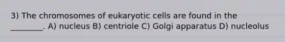 3) The chromosomes of <a href='https://www.questionai.com/knowledge/kb526cpm6R-eukaryotic-cells' class='anchor-knowledge'>eukaryotic cells</a> are found in the ________. A) nucleus B) centriole C) Golgi apparatus D) nucleolus