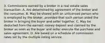 3. Commissions earned by a broker in a real estate sales transaction. A. Are determined by agreement of the broker and the consumer. B. May be shared with an unlicensed person who is employed by the broker, provided that such person aided the broker in bringing the buyer and seller together. C. May be deducted from the earnest money deposit and claimed by the broker as soon as the buyer and seller execute the purchase and sales agreement. D. Are based on a schedule of commission rates set by the multiple listing service.