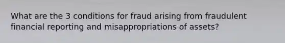 What are the 3 conditions for fraud arising from fraudulent financial reporting and misappropriations of assets?