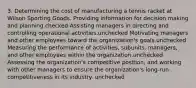 3. Determining the cost of manufacturing a tennis racket at Wilson Sporting Goods. Providing information for decision making and planning.checked Assisting managers in directing and controlling operational activities.unchecked Motivating managers and other employees toward the organization's goals.unchecked Measuring the performance of activities, subunits, managers, and other employees within the organization.unchecked Assessing the organization's competitive position, and working with other managers to ensure the organization's long-run competitiveness in its industry. unchecked