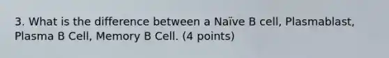 3. What is the difference between a Naïve B cell, Plasmablast, Plasma B Cell, Memory B Cell. (4 points)