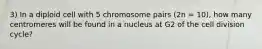 3) In a diploid cell with 5 chromosome pairs (2n = 10), how many centromeres will be found in a nucleus at G2 of the cell division cycle?