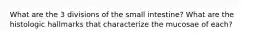 What are the 3 divisions of the small intestine? What are the histologic hallmarks that characterize the mucosae of each?