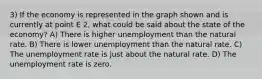 3) If the economy is represented in the graph shown and is currently at point E 2, what could be said about the state of the economy? A) There is higher unemployment than the natural rate. B) There is lower unemployment than the natural rate. C) The unemployment rate is just about the natural rate. D) The unemployment rate is zero.