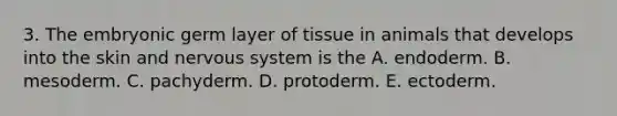 3. The embryonic germ layer of tissue in animals that develops into the skin and nervous system is the A. endoderm. B. mesoderm. C. pachyderm. D. protoderm. E. ectoderm.