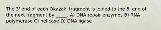 The 3' end of each Okazaki fragment is joined to the 5' end of the next fragment by _____. A) <a href='https://www.questionai.com/knowledge/kdWJhII4NB-dna-repair' class='anchor-knowledge'>dna repair</a> enzymes B) RNA polymerase C) helicase D) DNA ligase