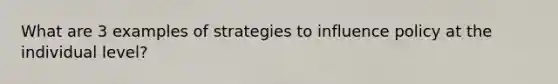 What are 3 examples of strategies to influence policy at the individual level?