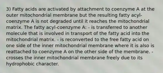 3) Fatty acids are activated by attachment to coenzyme A at the outer mitochondrial membrane but the resulting fatty acyl-coenzyme A is not degraded until it reaches the mitochondrial matrix. The fatty acyl-coenzyme A: - is transferred to another molecule that is involved in transport of the fatty acid into the mitochondrial matrix. - is reconverted to the free fatty acid on one side of the inner mitochondrial membrane where it is also is reattached to coenzyme A on the other side of the membrane. - crosses the inner mitochondrial membrane freely due to its hydrophobic character.