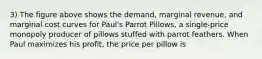 3) The figure above shows the demand, marginal revenue, and marginal cost curves for Paul's Parrot Pillows, a single-price monopoly producer of pillows stuffed with parrot feathers. When Paul maximizes his profit, the price per pillow is