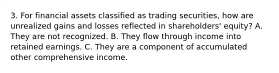 3. For financial assets classified as trading securities, how are unrealized gains and losses reflected in shareholders' equity? A. They are not recognized. B. They flow through income into retained earnings. C. They are a component of accumulated other comprehensive income.