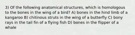 3) Of the following anatomical structures, which is homologous to the bones in the wing of a bird? A) bones in the hind limb of a kangaroo B) chitinous struts in the wing of a butterfly C) bony rays in the tail fin of a flying fish D) bones in the flipper of a whale