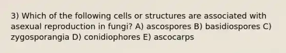 3) Which of the following cells or structures are associated with asexual reproduction in fungi? A) ascospores B) basidiospores C) zygosporangia D) conidiophores E) ascocarps