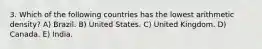 3. Which of the following countries has the lowest arithmetic density? A) Brazil. B) United States. C) United Kingdom. D) Canada. E) India.