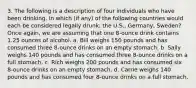 3. The following is a description of four individuals who have been drinking. In which (if any) of the following countries would each be considered legally drunk: the U.S., Germany, Sweden? Once again, we are assuming that one 8-ounce drink contains 1.25 ounces of alcohol. a. Bill weighs 150 pounds and has consumed three 8-ounce drinks on an empty stomach. b. Sally weighs 140 pounds and has consumed three 8-ounce drinks on a full stomach. c. Rich weighs 200 pounds and has consumed six 8-ounce drinks on an empty stomach. d. Carrie weighs 140 pounds and has consumed four 8-ounce drinks on a full stomach.