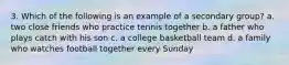 3. Which of the following is an example of a secondary group? a. two close friends who practice tennis together b. a father who plays catch with his son c. a college basketball team d. a family who watches football together every Sunday