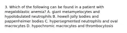 3. Which of the following can be found in a patient with megaloblastic anemia? A. giant metamyelocytes and hypolobulated neutrophils B. howell-Jolly bodies and pappenheimer bodies C. hypersegmented neutrophils and oval macrocytes D. hypochromic macrocytes and thrombocytosis