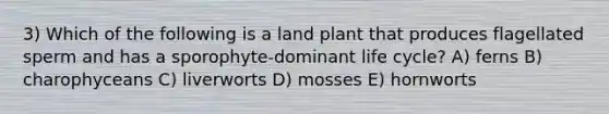 3) Which of the following is a land plant that produces flagellated sperm and has a sporophyte-dominant life cycle? A) ferns B) charophyceans C) liverworts D) mosses E) hornworts