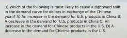 3) Which of the following is most likely to cause a rightward shift in the demand curve for dollars in exchange of the Chinese yuan? A) An increase in the demand for U.S. products in China B) A decrease in the demand for U.S. products in China C) An increase in the demand for Chinese products in the U.S. D) A decrease in the demand for Chinese products in the U.S.