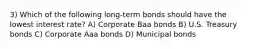 3) Which of the following long-term bonds should have the lowest interest rate? A) Corporate Baa bonds B) U.S. Treasury bonds C) Corporate Aaa bonds D) Municipal bonds