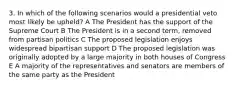 3. In which of the following scenarios would a presidential veto most likely be upheld? A The President has the support of the Supreme Court B The President is in a second term, removed from partisan politics C The proposed legislation enjoys widespread bipartisan support D The proposed legislation was originally adopted by a large majority in both houses of Congress E A majority of the representatives and senators are members of the same party as the President