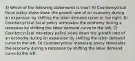 3) Which of the following statements is true? A) Countercyclical fiscal policy slows down the growth rate of an economy during an expansion by shifting the labor demand curve to the right. B) Countercyclical fiscal policy stimulates the economy during a recession by shifting the labor demand curve to the left. C) Countercyclical monetary policy slows down the growth rate of an economy during an expansion by shifting the labor demand curve to the left. D) Countercyclical monetary policy stimulates the economy during a recession by shifting the labor demand curve to the left.