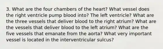 3. What are the four chambers of the heart? What vessel does the right ventricle pump blood into? The left ventricle? What are the three vessels that deliver blood to the right atrium? What are the vessels that deliver blood to the left atrium? What are the five vessels that emanate from the aorta? What very important vessel is located in the interventricular sulcus?