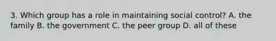 3. Which group has a role in maintaining social control? A. the family B. the government C. the peer group D. all of these