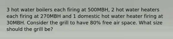 3 hot water boilers each firing at 500MBH, 2 hot water heaters each firing at 270MBH and 1 domestic hot water heater firing at 30MBH. Consider the grill to have 80% free air space. What size should the grill be?