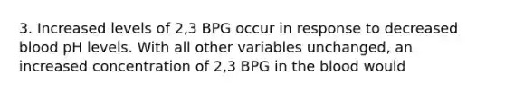 3. Increased levels of 2,3 BPG occur in response to decreased blood pH levels. With all other variables unchanged, an increased concentration of 2,3 BPG in the blood would