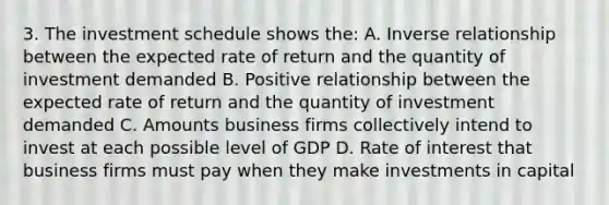 3. The investment schedule shows the: A. <a href='https://www.questionai.com/knowledge/kc6KNK1VxL-inverse-relation' class='anchor-knowledge'>inverse relation</a>ship between the expected rate of return and the quantity of investment demanded B. Positive relationship between the expected rate of return and the quantity of investment demanded C. Amounts business firms collectively intend to invest at each possible level of GDP D. Rate of interest that business firms must pay when they make investments in capital