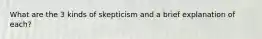 What are the 3 kinds of skepticism and a brief explanation of each?