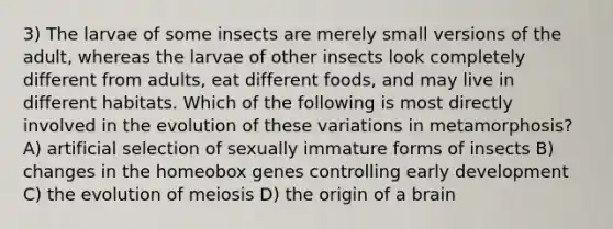 3) The larvae of some insects are merely small versions of the adult, whereas the larvae of other insects look completely different from adults, eat different foods, and may live in different habitats. Which of the following is most directly involved in the evolution of these variations in metamorphosis? A) artificial selection of sexually immature forms of insects B) changes in the homeobox genes controlling early development C) the evolution of meiosis D) the origin of a brain