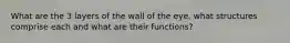 What are the 3 layers of the wall of the eye, what structures comprise each and what are their functions?