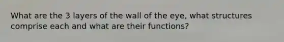 What are the 3 layers of the wall of the eye, what structures comprise each and what are their functions?