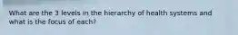 What are the 3 levels in the hierarchy of health systems and what is the focus of each?
