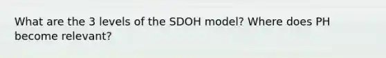 What are the 3 levels of the SDOH model? Where does PH become relevant?