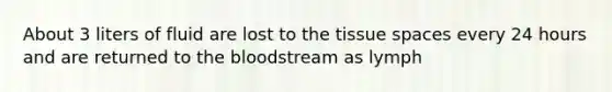 About 3 liters of fluid are lost to the tissue spaces every 24 hours and are returned to the bloodstream as lymph