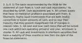 3. (L.O. 1) The basis recommended by the FASB for the statement of cash flows is "cash and cash equivalents." As described by GAAP, cash equivalents are: A. All current assets that have no realization problems associated with them. B. Shortterm, highly liquid investments that are both readily convertible to known amounts of cash, and so near their maturity that they present insignificant risk of changes in interest rates. C. All cash and near cash items that will be turned into cash within one operating period or one year, whichever is shorter. D. All cash and investments in shortterm securities that have a maturity of three months or less from the date of the financial statements.