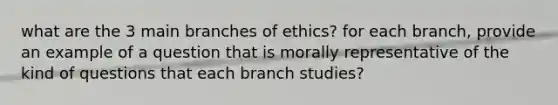 what are the 3 main branches of ethics? for each branch, provide an example of a question that is morally representative of the kind of questions that each branch studies?